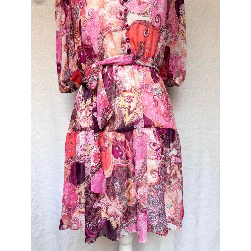 London Times Pink Paisley Button Up 3/4 Sleeve Above Knee Aline Dress - Picture 4 of 11